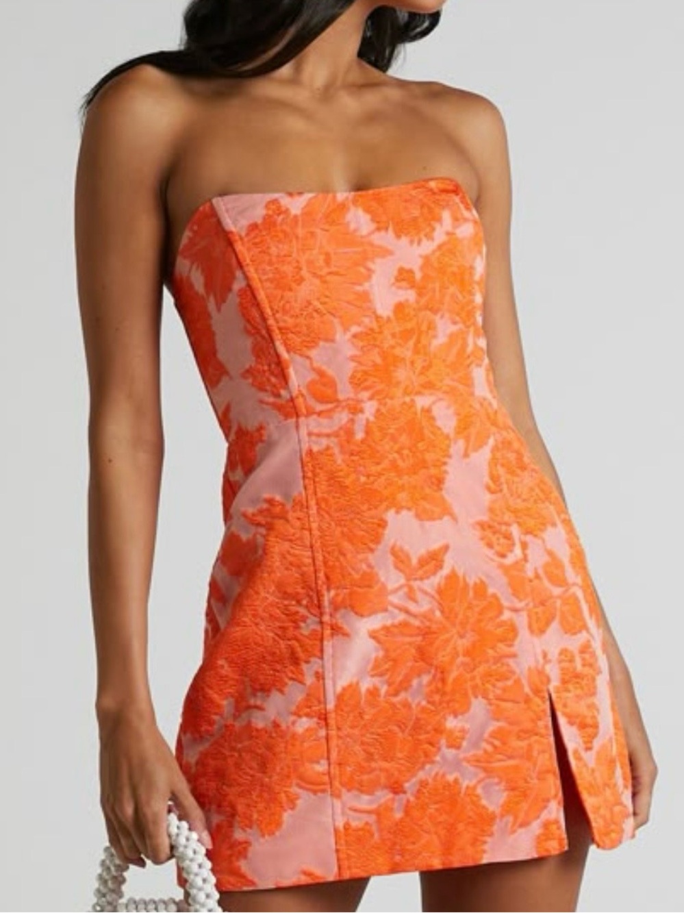 Showpo Brailey Strapless Mini Dress Orange Floral Jacquard Cocktail Party Sz‎ 8